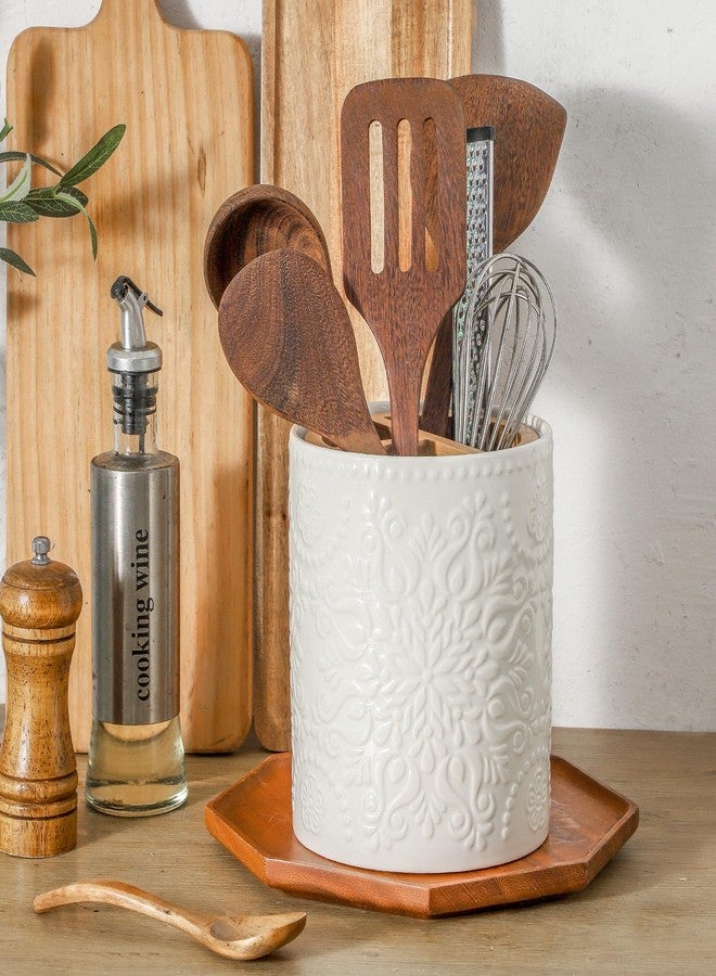 Howise 7" Relief Utensil Holder, Large Kitchen Utensil Holder Organizer , White Stable Utensil Crock Spatula Holder for Kitchen Counter Countertop Farmhouse Cooking Tools Holder with Bamboo Frame - Image 3